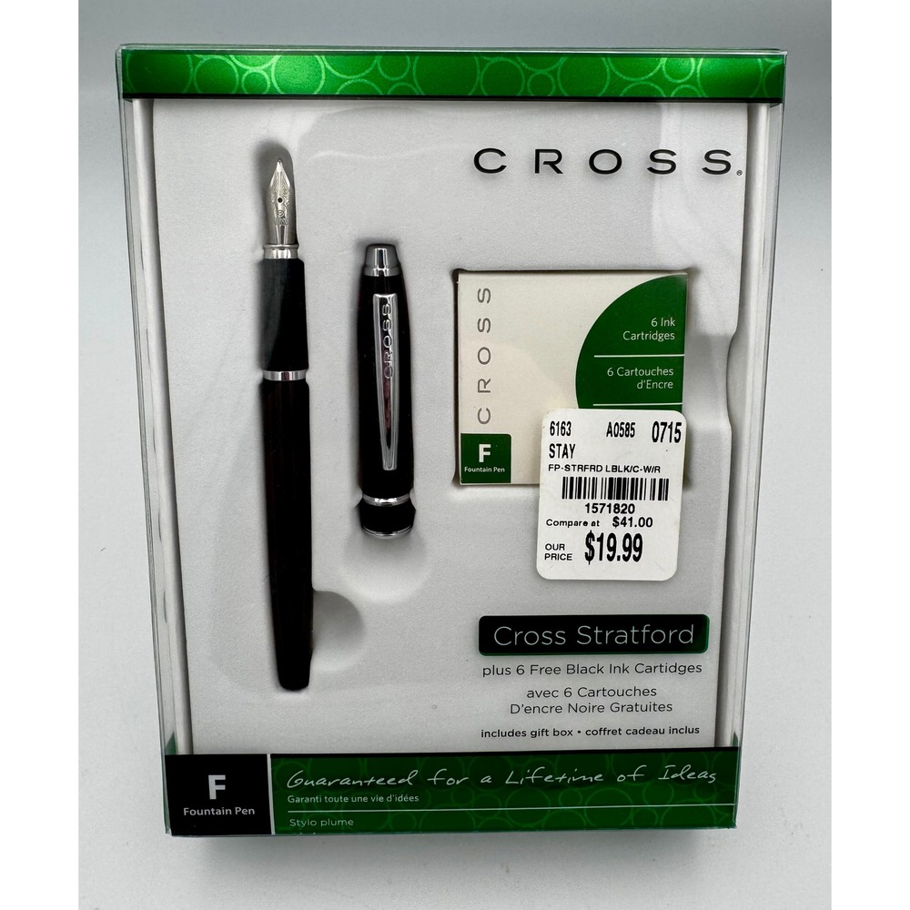 New Cross Stratford Fountain Pen Gift Set Black Medium Nib +6 Refills